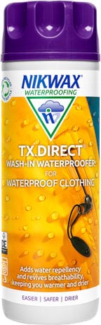 A 300ml bottle of Nikwax TX.Direct Wash-in, our wash-in waterproofing for wet weather clothing.