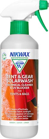 A 500ml spray bottle of Nikwax Tent & Gear SolarWash, our technical cleaner and UV blocker for all tents, rucksacks, bags and panniers.