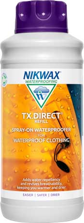 A 1litre bottle of Nikwax TX.Direct, our spray-on waterproofing for all breathable waterproof clothing with wicking liners.