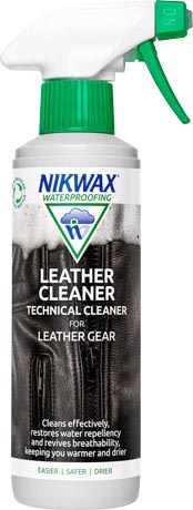 A 300ml spray bottle of Nikwax Leather Cleaner, a speciality cleaner for leather clothing and accessories.