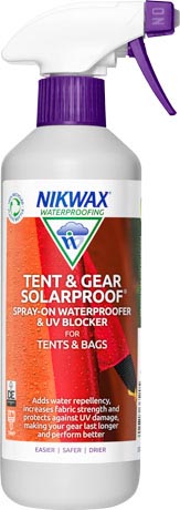 A 500ml spray bottle of Nikwax Tent & Gear SolarProof, a specialist waterproofer and UV blocker for all synthetic tents.