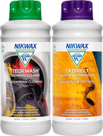 Two 1 litre bottles of Nikwax Tech Wash and Nikwax TX.Direct, our bestselling products to clean and waterproof outdoor clothing.