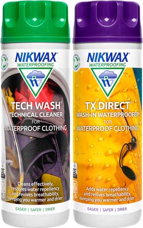 Two 300ml bottles of Nikwax Tech Wash and Nikwax TX.Direct, our bestselling products to clean and waterproof outdoor clothing.
