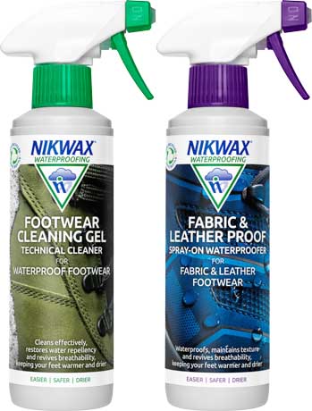 A Pair of 300ml bottles of Nikwax Footwear Cleaning Gel and Nikwax Fabric & Leather Proof.
