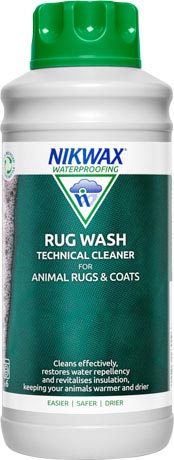 A 1 litre bottle of Nikwax Rug Wash, a speciality cleaner for all animal coats and rugs.