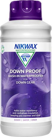 A 1 litre bottle of Nikwax Down Proof, a wash-in waterproofer for all down clothing and sleeping bags
