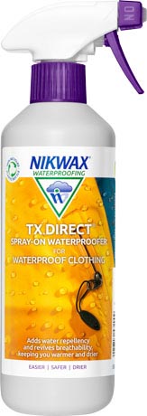 A 500ml bottle of Nikwax TX.Direct, our spray-on waterproofing for all breathable waterproof clothing with wicking liners.