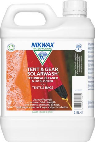 A 2.5 litre bottle of Nikwax Tent & Gear SolarWash, our technical cleaner and UV blocker for all tents, rucksacks, bags and panniers.
