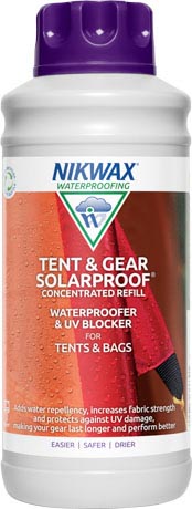 A 1 litre bottle of Nikwax Concentrated Tent & Gear SolarProof, a waterproofer and UV blocker for all synthetic tents.