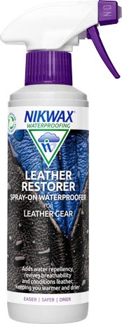 A 300ml bottle of Nikwax Leather Restorer, spray-on waterproofing for leather clothing and accessories.