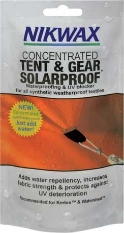 A 150ml pouch of Nikwax Concentrated Tent & Gear SolarProof, a waterproofer and UV blocker for all synthetic tents.