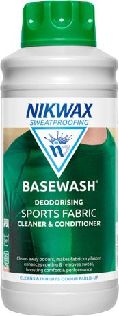 A 1 litre bottle of Nikwax BaseWash, a speciality cleaner and conditioner for base layers.