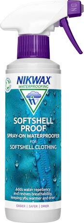 A 300ml spray bottle of Nikwax Softshell Proof, waterproofing for softshell clothing.