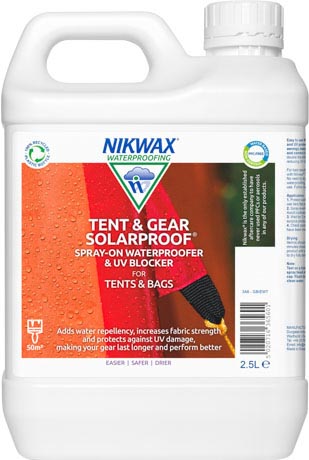 A 2.5 litre bottle of Nikwax Tent & Gear SolarProof, a specialist waterproofer and UV blocker for all synthetic tents.