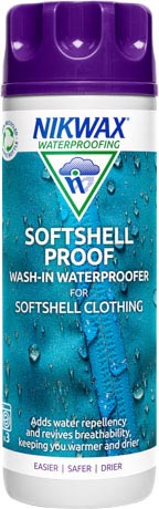 A 300ml bottle of Nikwax Softshell Proof, wash-in waterproofing for all softshell garments.