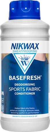 A 1 litre bottle of Nikwax BaseFresh, a deodorising conditioner for sports clothing and base layers.
