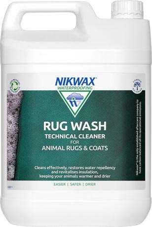 A 5 litre bottle of Nikwax Rug Wash, a speciality cleaner for all animal coats and rugs.