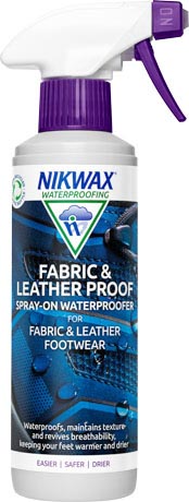 A 300ml spray bottle of Nikwax Fabric & Leather Proof, our high performance waterproofer for combination leather and fabric footwear.