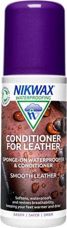 A 125ml bottle of Nikwax Conditioner for Leather, a high performance waterproofing conditioner for smooth leather footwear and accessories.