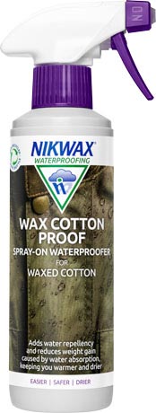 A 300ml spray bottle of Nikwax Wax Cotton Proof, a waterproofer for all waxed cotton clothing and gear.